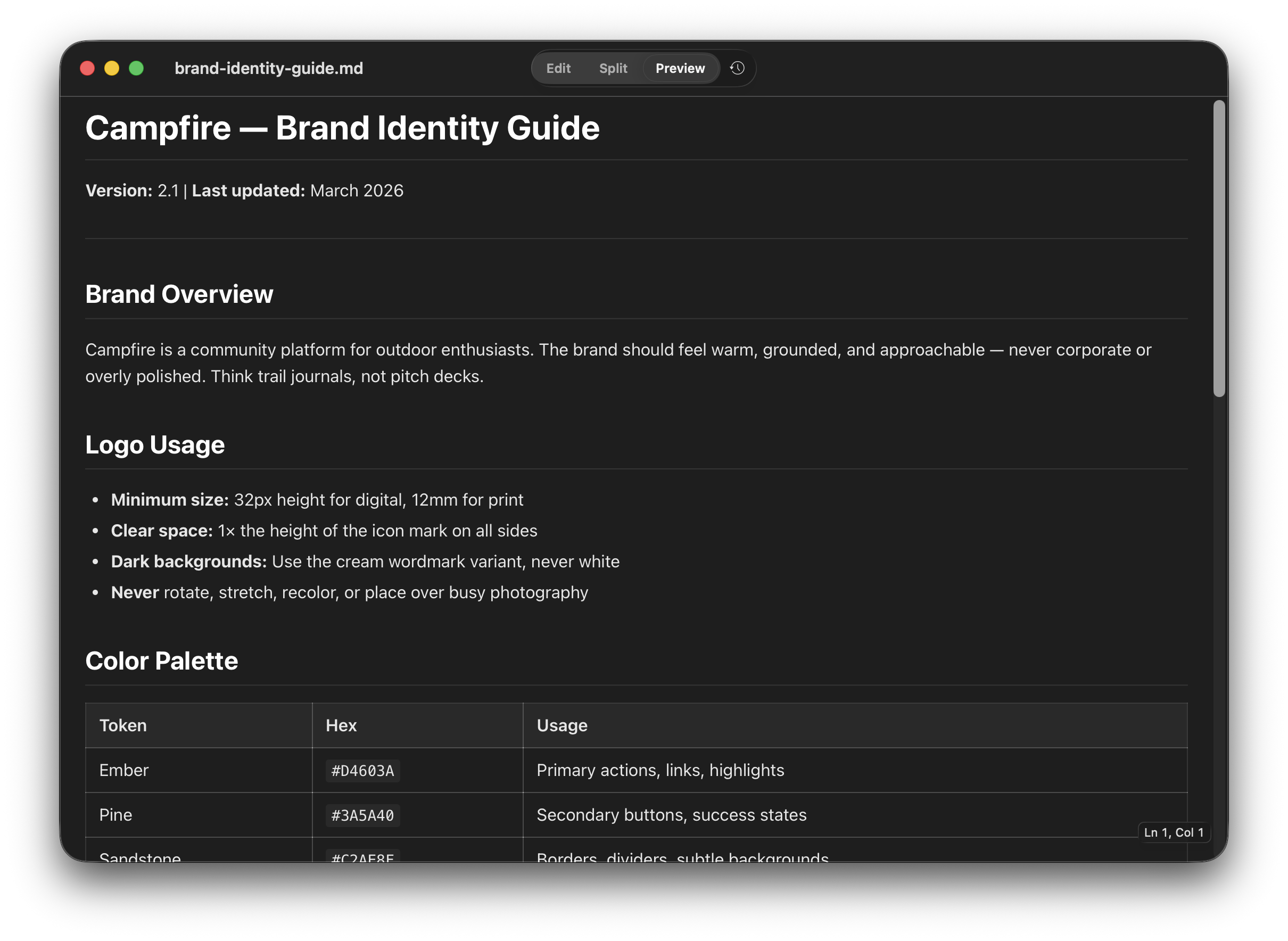Brand Identity Guide rendered in Litepad dark mode