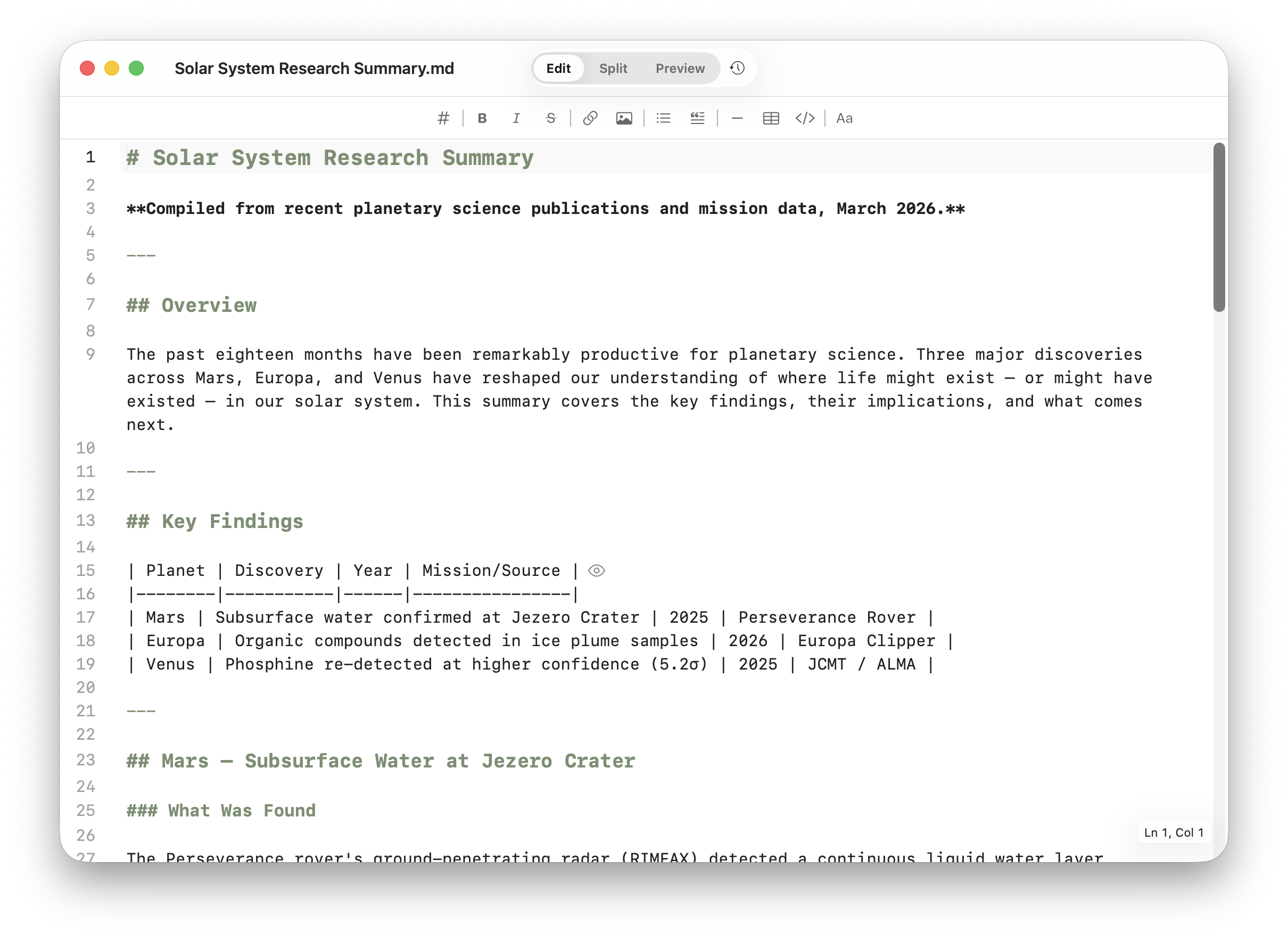 Solar System Research Summary in Litepad edit mode with toolbar