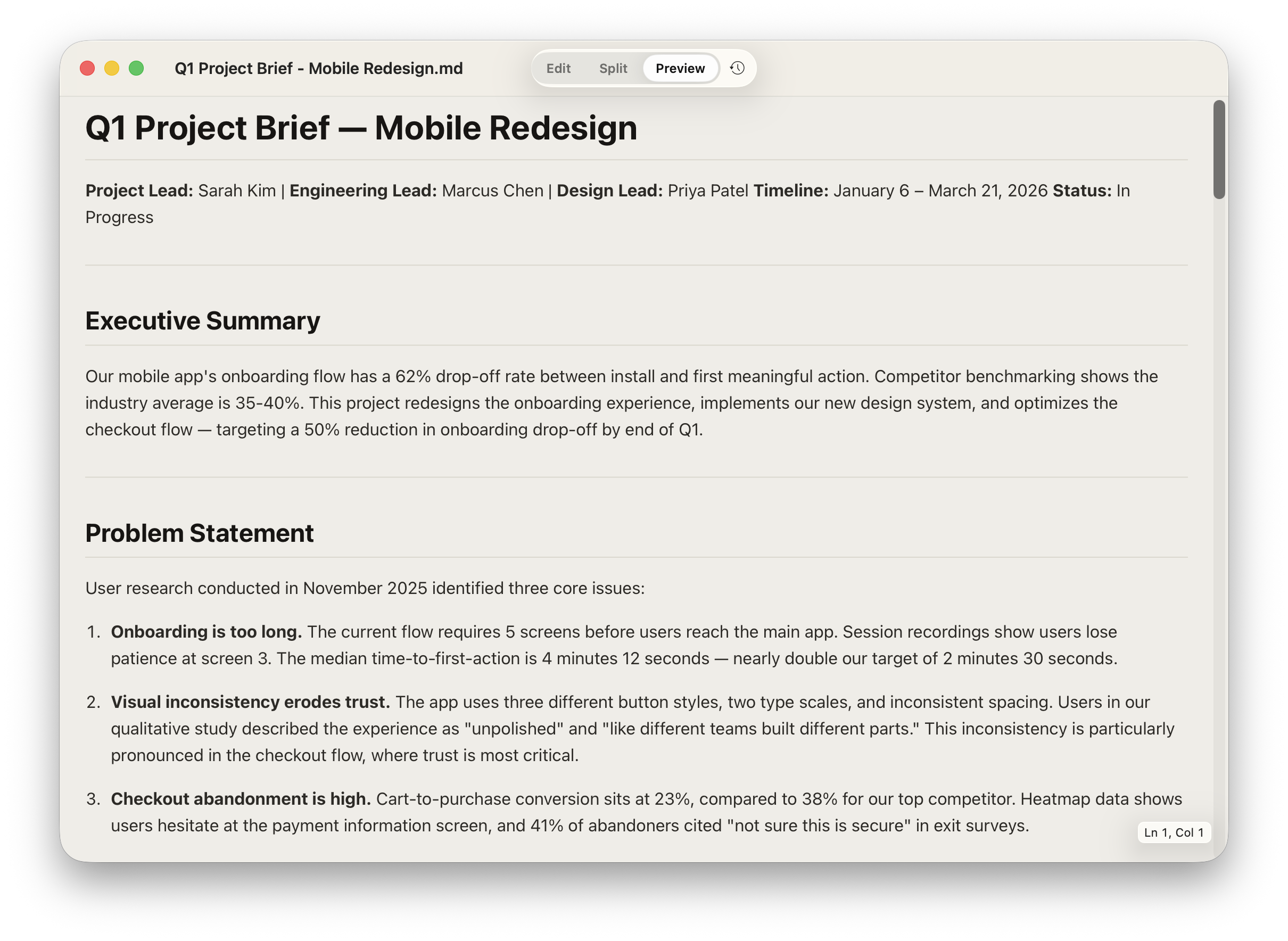 Q1 Project Brief rendered in Litepad preview mode