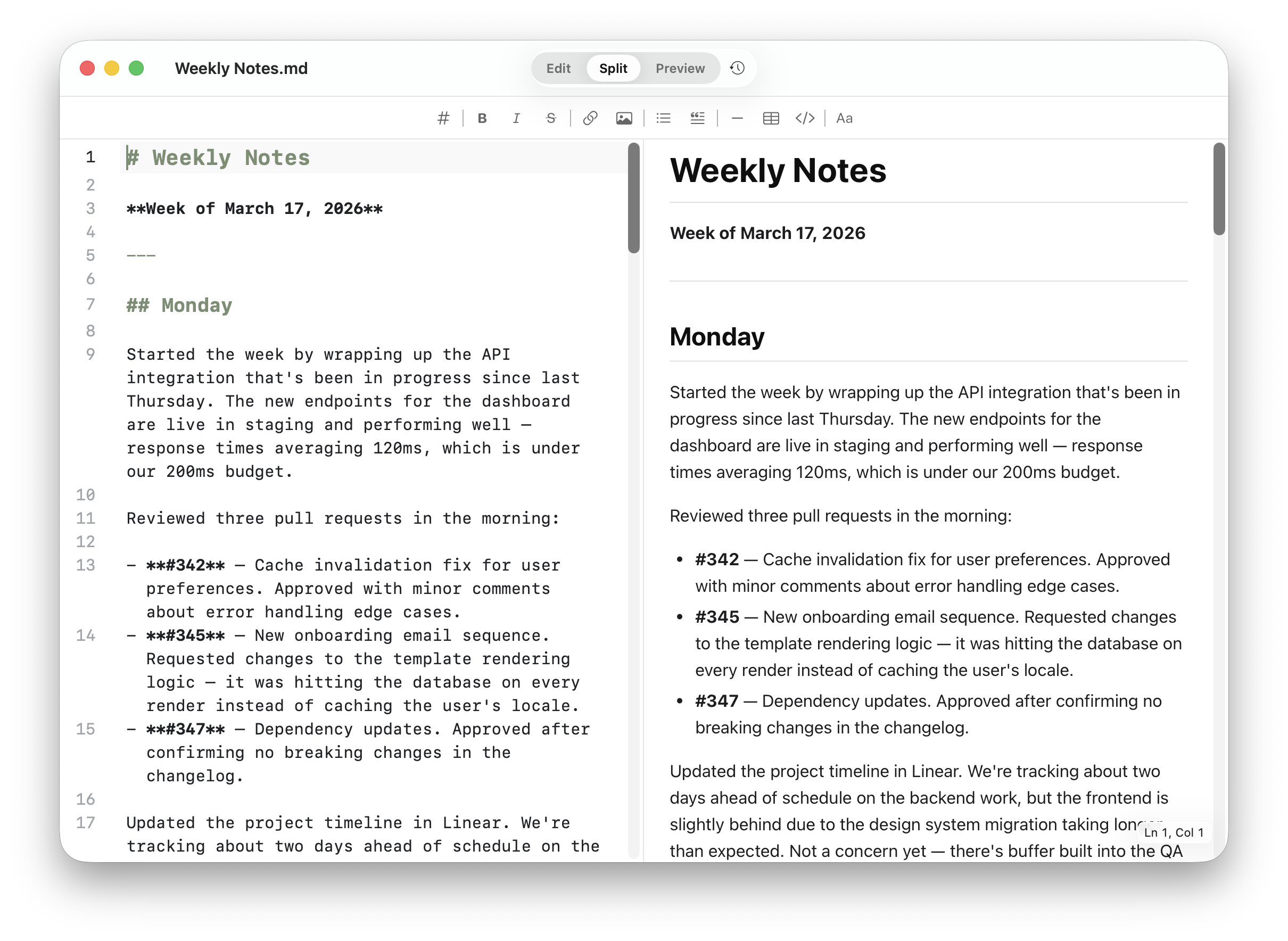 Weekly Notes in Litepad split view showing raw markdown and rendered preview side by side