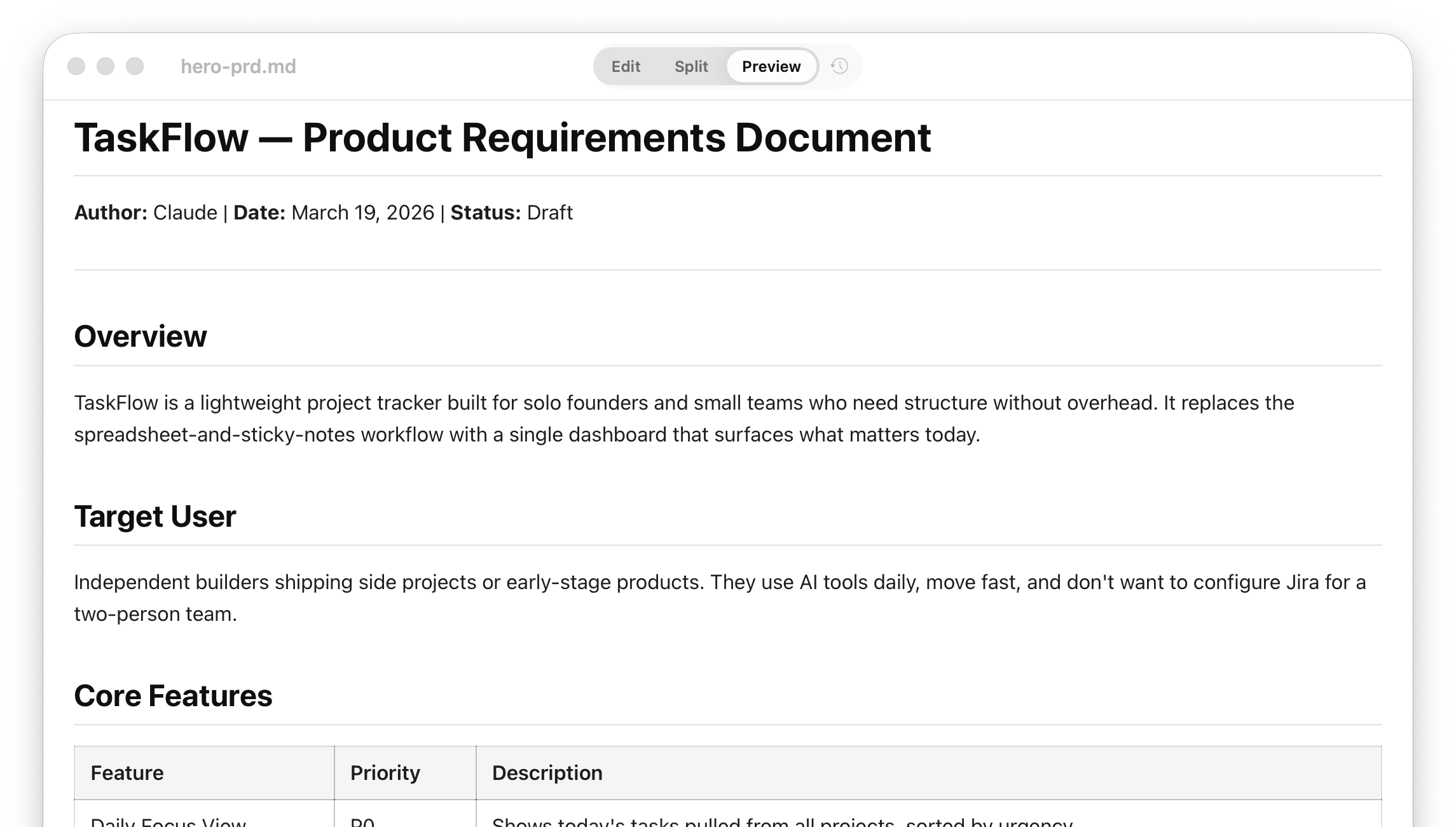 Litepad showing a product requirements document in preview mode